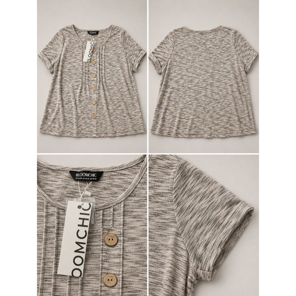 BLOOMCHIC Gray Heathered Knit Short Sleeve Round Neck Button Top Womens Sz 18-20